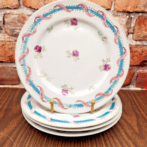Vintage Porcelain Ribbon & Rose Plates Set of 4 (8") Cottagecore Shabby Chic